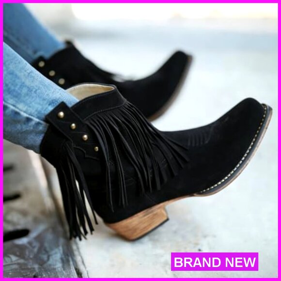 Suede Fringe Ankle Boots Boho Western Cowgirl Retro Chunky Heel Pull-On - Picture 6 of 6